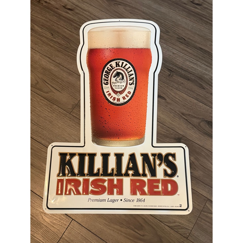 Vintage 1999 George Killians Irish Red Beer Tin Tacker Sign Embossed Metal Bar